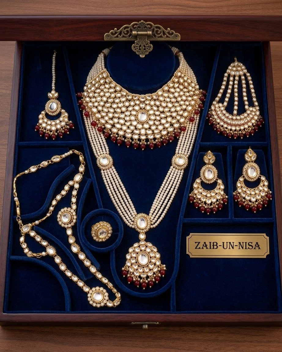 Complete your wedding look with this timeless white pearl and Kundan set. Featuring a delicate choker, a magnificent multi-strand long necklace (mala) with a statement pendant, matching earrings, and a matching maang tikka, this set radiates traditional elegance. - Image 3