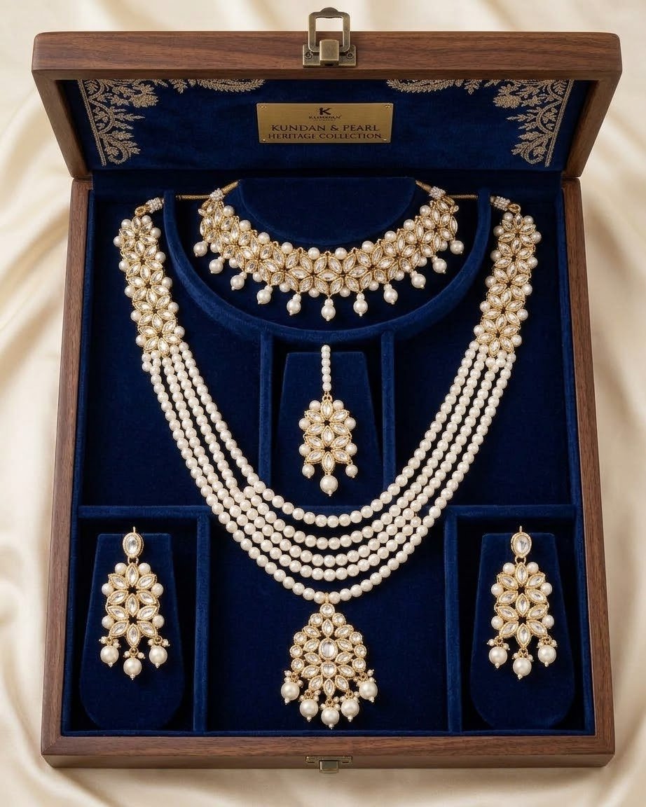 Classic Pearl & Kundan Layered Bridal Jewellery Set - Image 3